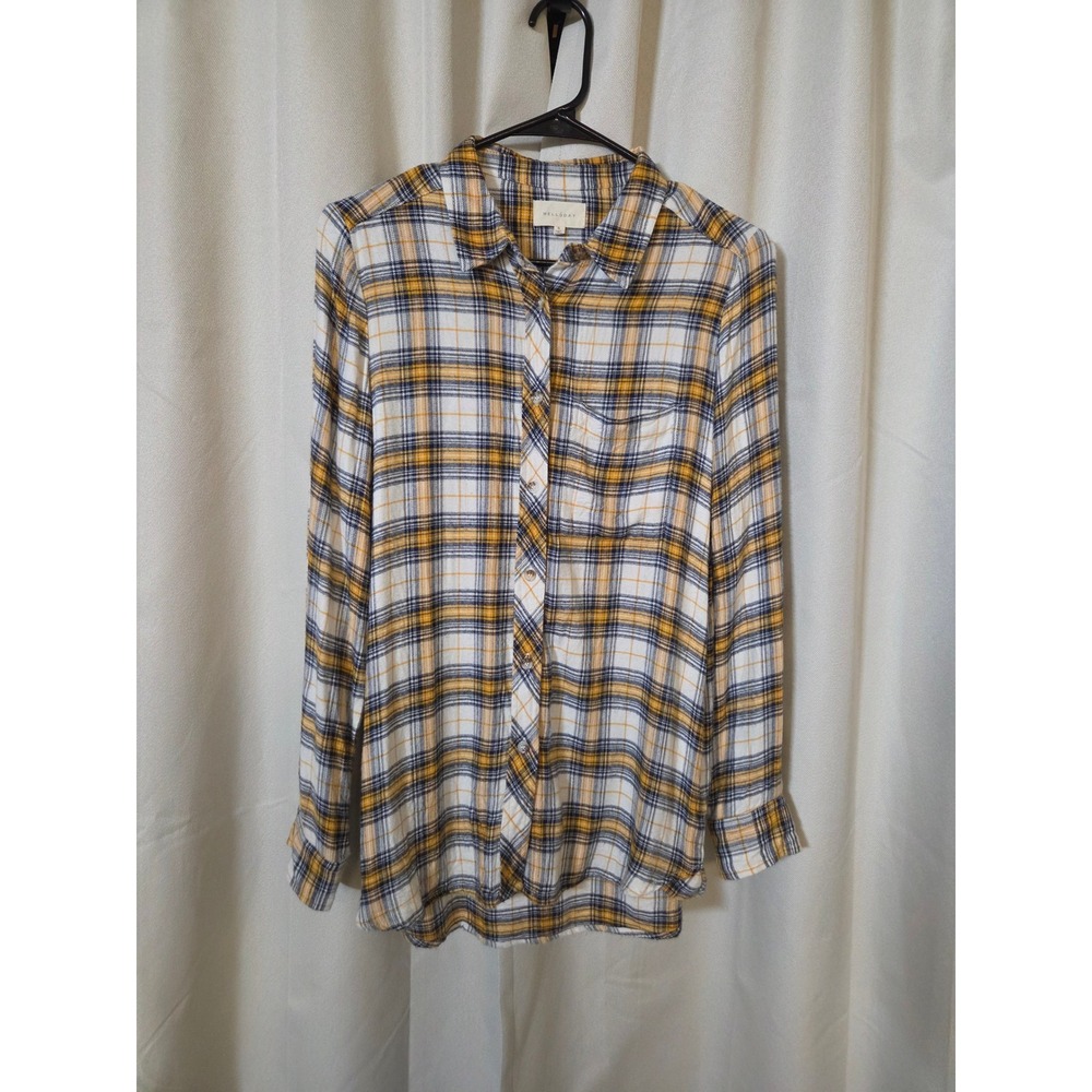 Melloday Womens Sm Plaid Button Down Shirt Yellow Navy Rayon Flannel Boho Cozy
